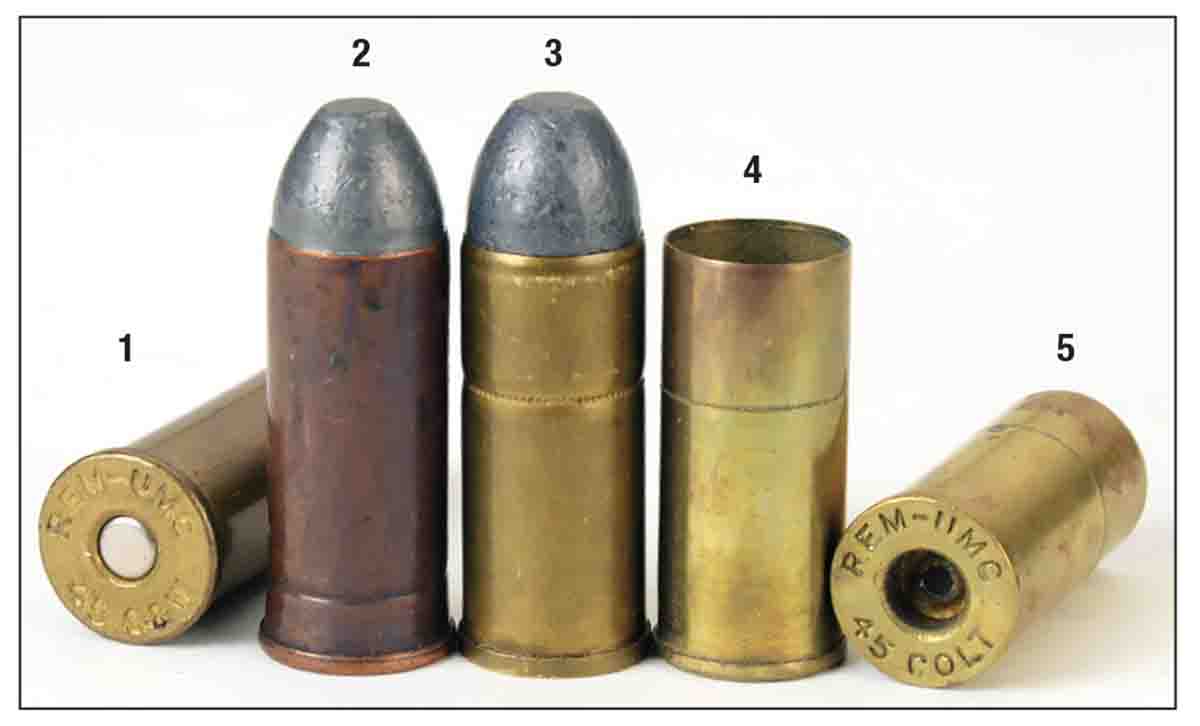 This photo helps illustrate the rim confusion of .45 S&W and .45 Colt (short) factory loadings: (1) a REM-UMC .45 S&W  factory load, (2) a .45 S&W military load, (3) a REM-UMC .45 Colt (short) the same length as .45 S&W but with a small  .45 Colt rim diameter. Two empty cartridges (4 and 5) are also the .45 Colt (short) showing its small rim diameter.